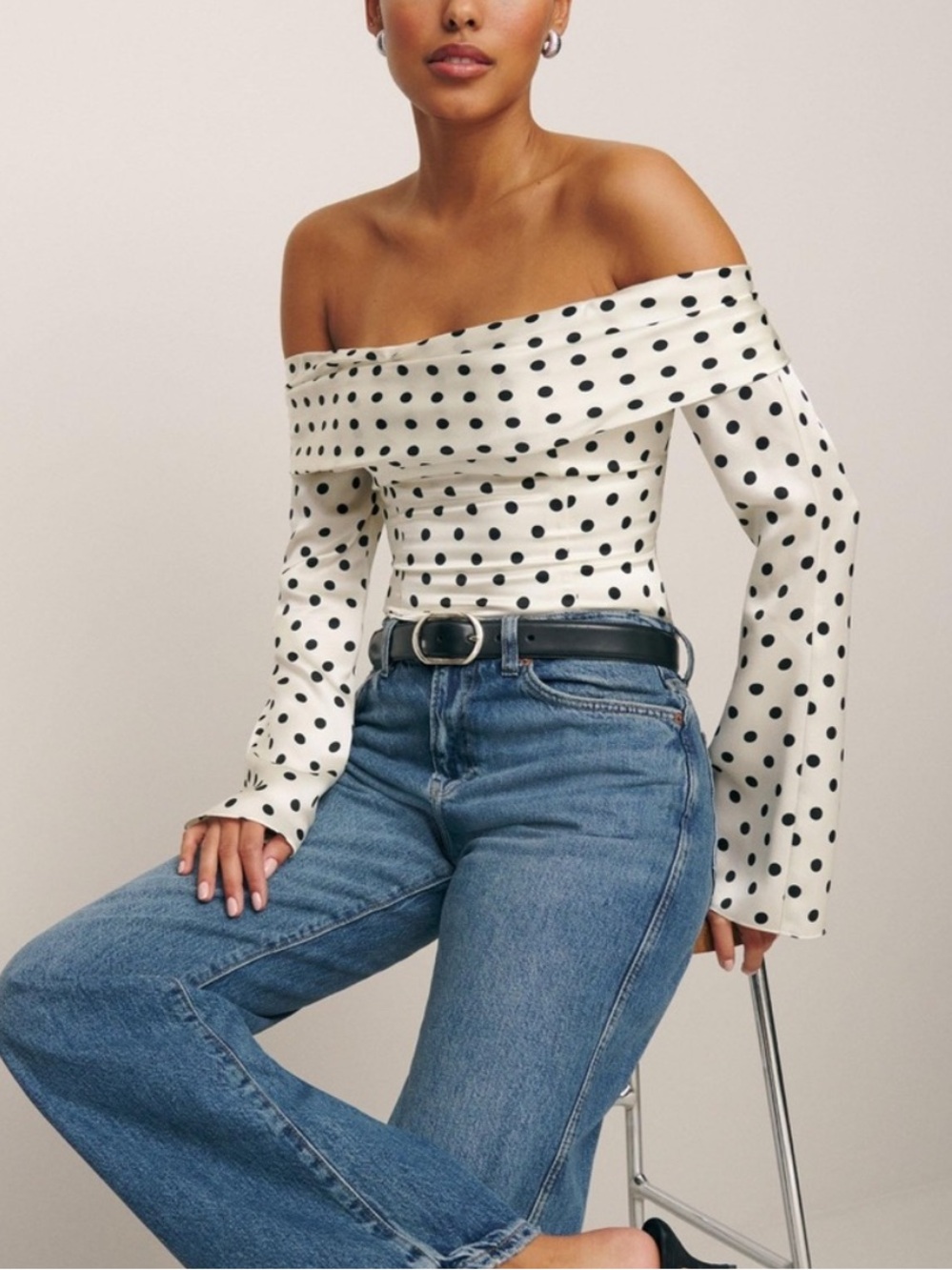 Reformation Niri silk long sleeve top in portofino white black polka dot size 0